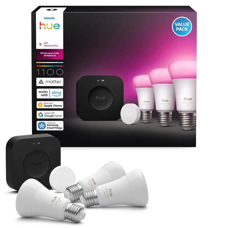 Philips Hue Starter Kit: Bridge Pro + 3 E27 Smart Bulbs + Smart Button, White and Color ambiance, Smart Light Hub, Works with Alexa, Google Assistant, Samsung SmartThings, Apple Home