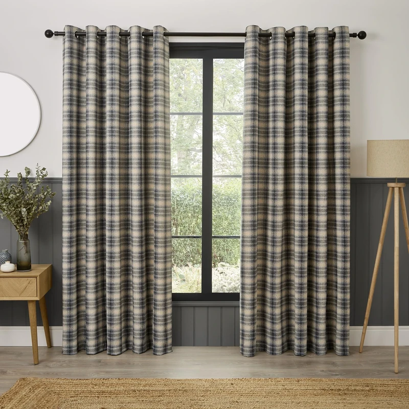 Curtina Everett Eyelet Curtains, Living Room, 229 x 183 cm, Grey, 100% Recycled Polyester, Light Filtering, Jacquard Woven Check Pattern