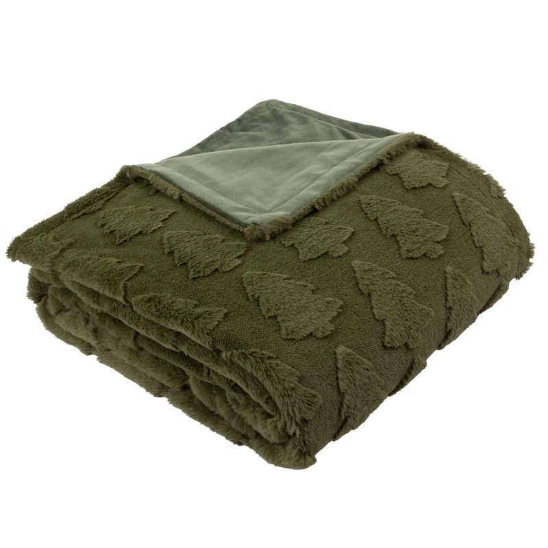 furn. Pines Throw – Raised Tree Velvet Blanket with Plain Reverse (Forest Green - 150x200cm)