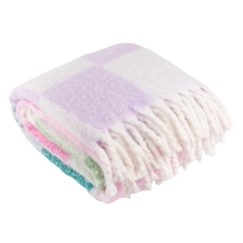 furn. Maisie Throw – Woven Double-Sided Check Blanket with Fringed Trim (Aqua Blossom - 130x180cm)