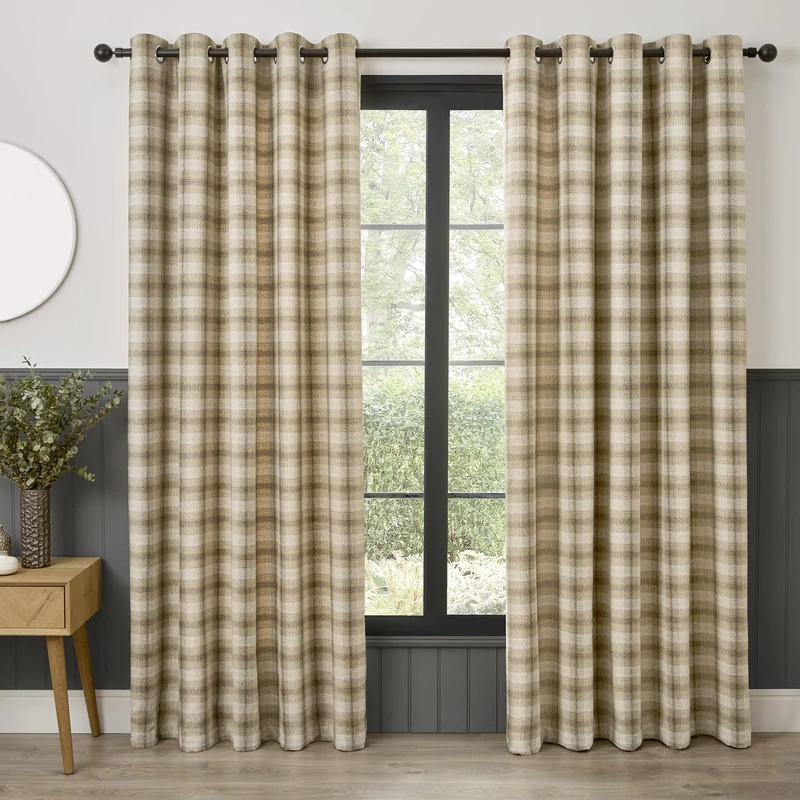 Curtina Everett Eyelet Curtains, Living Room, 168 x 183 cm, Natural, 100% Recycled Polyester, Light Filtering, Jacquard Woven, Checkered Pattern - Image 1