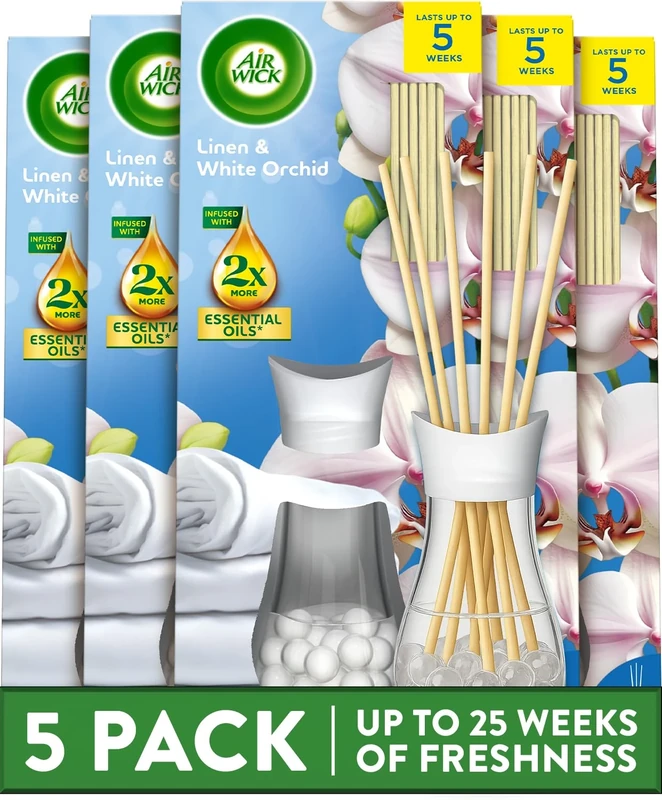 Air Wick Reed Diffuser Multipack, Linen and White Orchid, Pack of 5 x 25 ml, 5 Weeks of Long-Lasting Freshness, Elegant Home Decor, Neutralizes Odors, Enhances Room Ambiance, Air Freshener