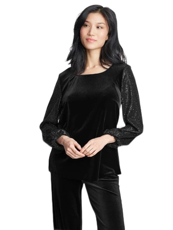Gina Bacconi Women's Velvet Blouse with Sequin Sleeve, Black, L