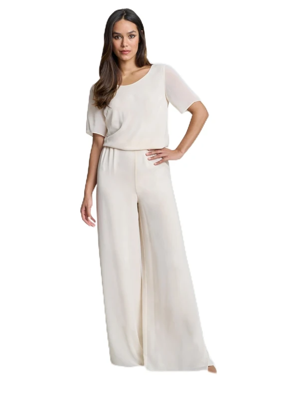 Gina Bacconi Women's Chiffon Layered Trouser with Slits Pants, Butter Cream, 12