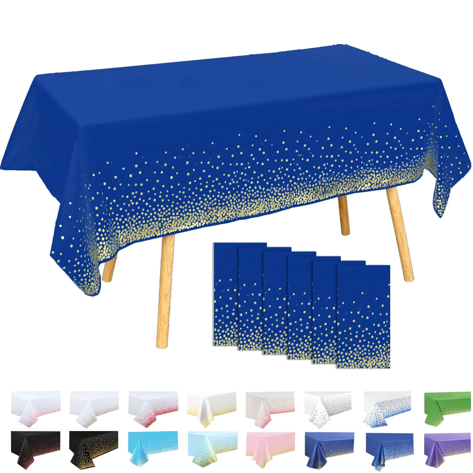 MOMAHUA 6 Pack Dark Blue and Gold Dots Table Cloth Party Tablecloths, 137x274cm Confetti Rectangle Plastic Table Cover for Picnic, Baby Shower, Wedding, Birthday, Xmas Halloween Table Décor