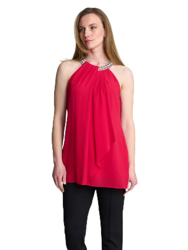 Gina Bacconi Women's Halter Top with Beaded Neck T-Shirt, RED, XL