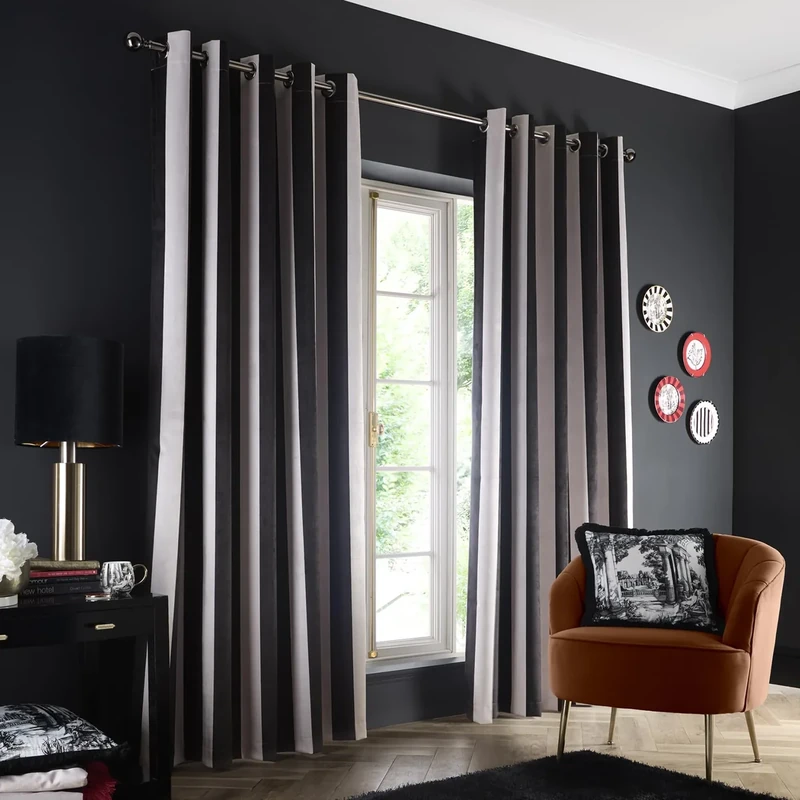 Laurence Llewelyn-Bowen Eyelet Curtains, Living Room, 229 x 183 cm, Black, 100% Recycled Polyester, Blackout, Thermal Insulated, Velvet, Striped
