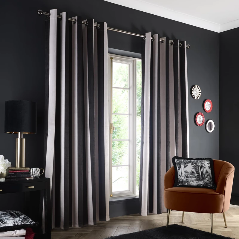Laurence Llewelyn-Bowen Eyelet Curtains, Living Room, 168 x 183cm, Black, Recycled Polyester, Blackout, Thermal Insulated, Velvet, Striped