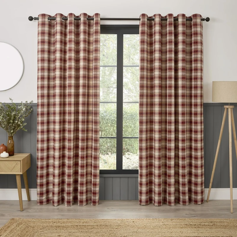 Curtina Everett Eyelet Curtains, Living Room, 229 x 183 cm, Red, 100% Recycled Polyester, Light Filtering, Jacquard Woven, Checkered Pattern