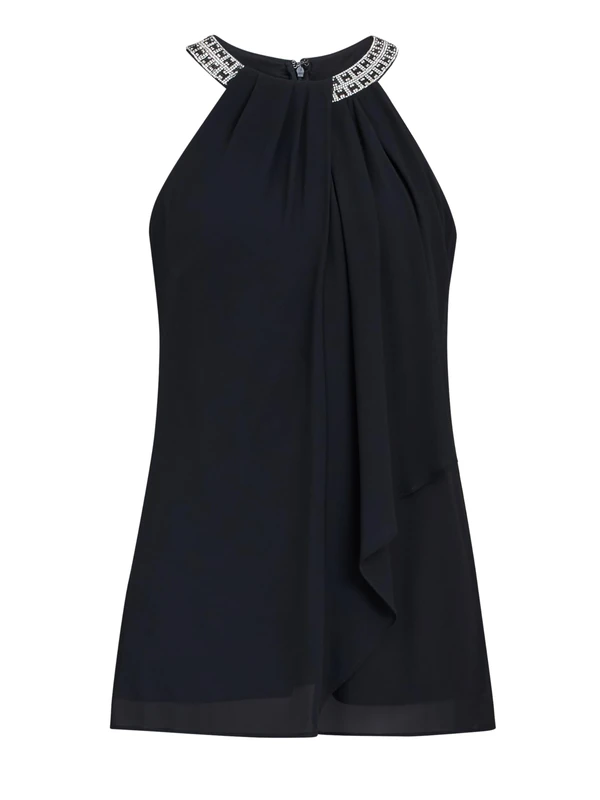 Gina Bacconi Women's Halter Top with Beaded Neck T-Shirt, Black, L