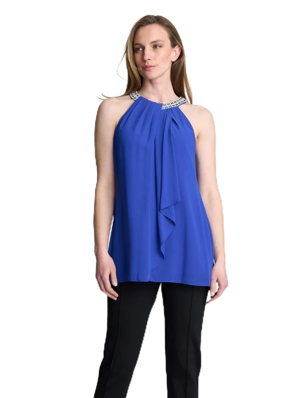 Gina Bacconi Women's Halter Top with Beaded Neck T-Shirt, Royal, S
