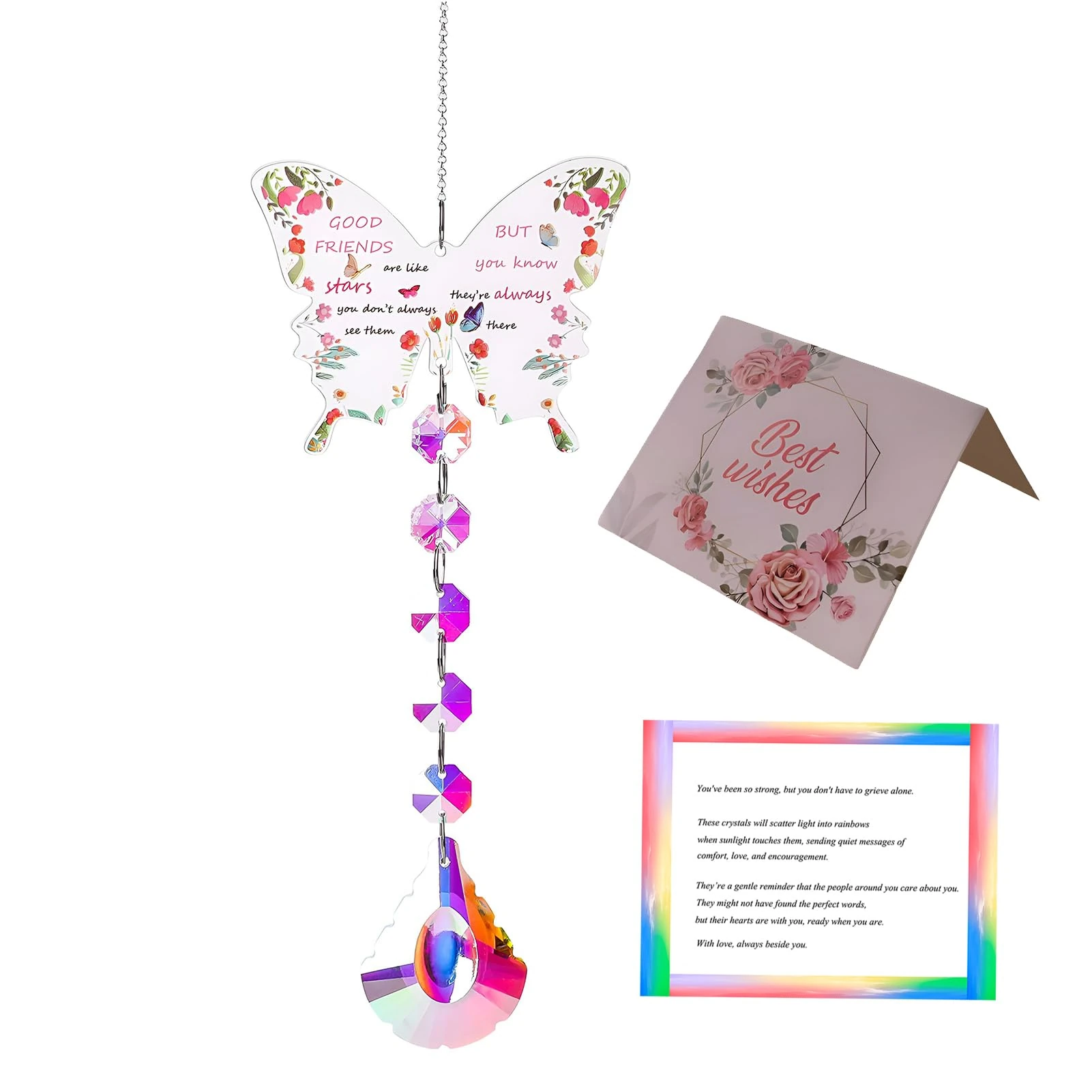 Bomesy Special Friendship Gifts for Women, Butterfly Crystal Suncatcher with Box & Cards for Friends Besties Female, Birthday Christmas Anniversary Graduation Presents, Windows Garden Home Decor