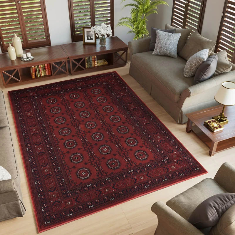 Yasmin Traditional Bukhara Indoor Area Rug Soft Woven Carpet with Jute Backing Classic Oriental Style Runner for Living Room, Bedroom, Hallway, Red, 120x170 cm