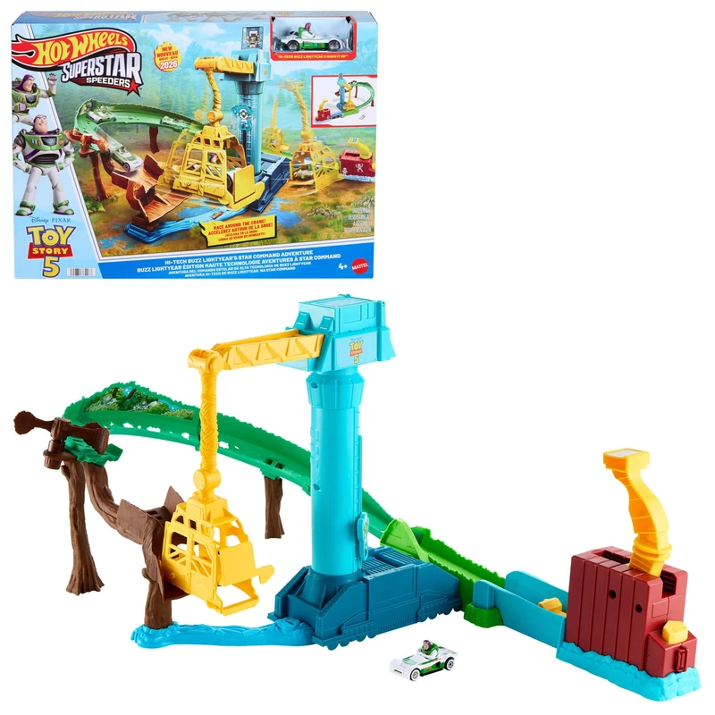 Hot Wheels Toy Car Track Set, Disney and Pixar Toy Story 5 Superstar Speeders Hi-Tech Buzz Lightyear’s Star Command Adventure Track Set, JLH42