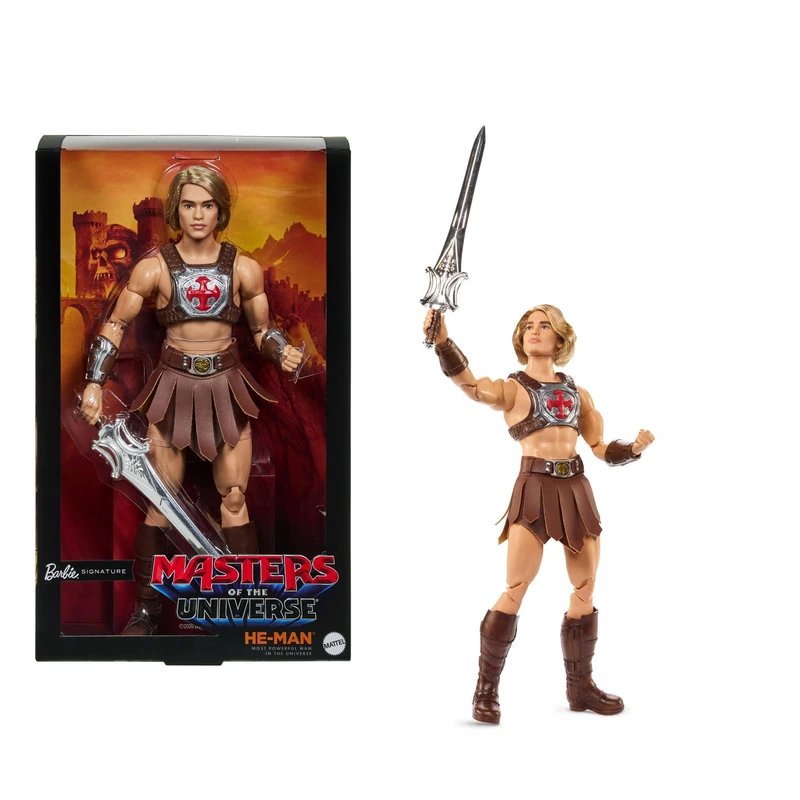 Barbie Signature Doll, Ken He-Man Collectible in Battle Harness, Sword, Doll Stand & Displayable Packaging, MOTU Movie Theme, JJY03