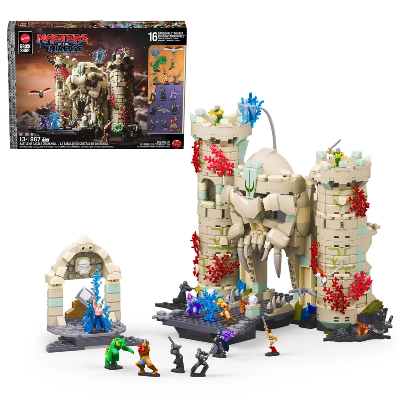 Mattel Brick Shop Masters of the Universe Building Set, Battle of Castle Grayskull with 867 Pieces and 16 Figures, Adult Collectors and Ages 13+ , JMB32
