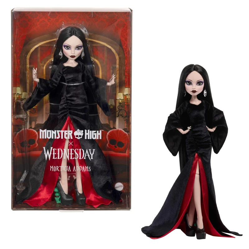 Monster High x Wednesday Doll, Morticia Addams Collectible in Black and Crimson Velvet Dress with Jewelry, Show-Inspired Heels and Doll Stand, JLK99