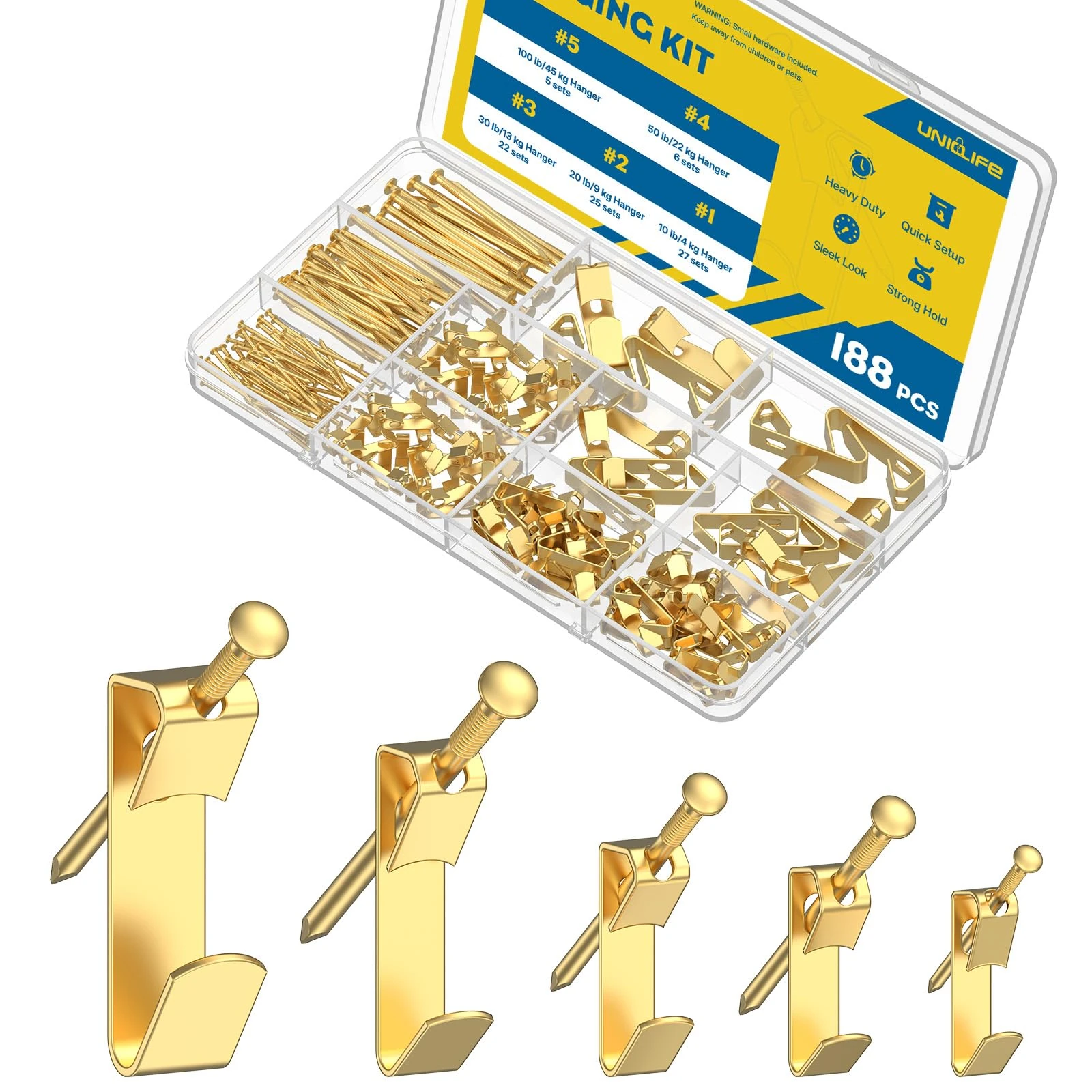 Uniclife 188 Pcs Picture Hanging Kit, 4 kg, 9 kg, 13 kg, 22 kg, 45 kg Heavy Duty Picture Hangers for Drywall & Wood, Picture Hanging Hooks, Frame Hooks for Hanging Photos Mirrors Paintings