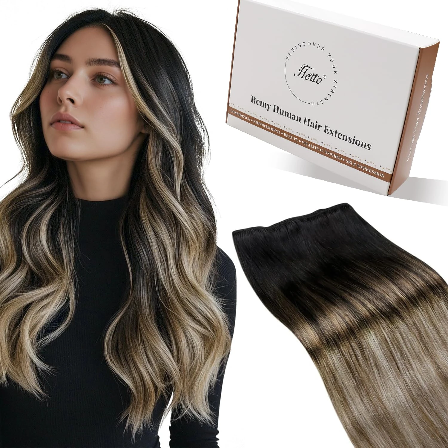 Hetto Sew in Hair Extensions Real Human Hair Weave Brown Weft Remy Straight Natural Black to Light Brown with Dark Blonde Balayage Invisible Double Weft Weave 80g 14 Inch #1b/8/22