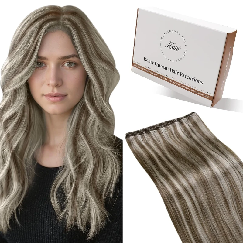 Hetto Weft Hair Extensions Real Human Hair 100g 16 Inch Soft Blonde Highlight Sew in Hair Extensions Straight Human Hair Wefts Durable for 1-3 Months Long Wear #P8/60