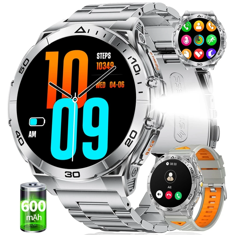 Smart Watch for Men, Smartwatch with 1.6" AMOLED Display/LED Flashlight, 600mAh/30+ Days Standby, 5ATM Fitness Tracker Sports Watch Bluetooth Call and Health Monitor for Android iOS