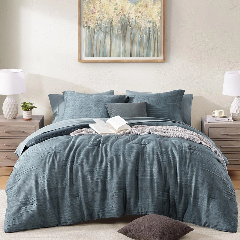 MaiRêve King Comforter Set Crinkle Textured Dusty Blue Bedding 7 Pieces