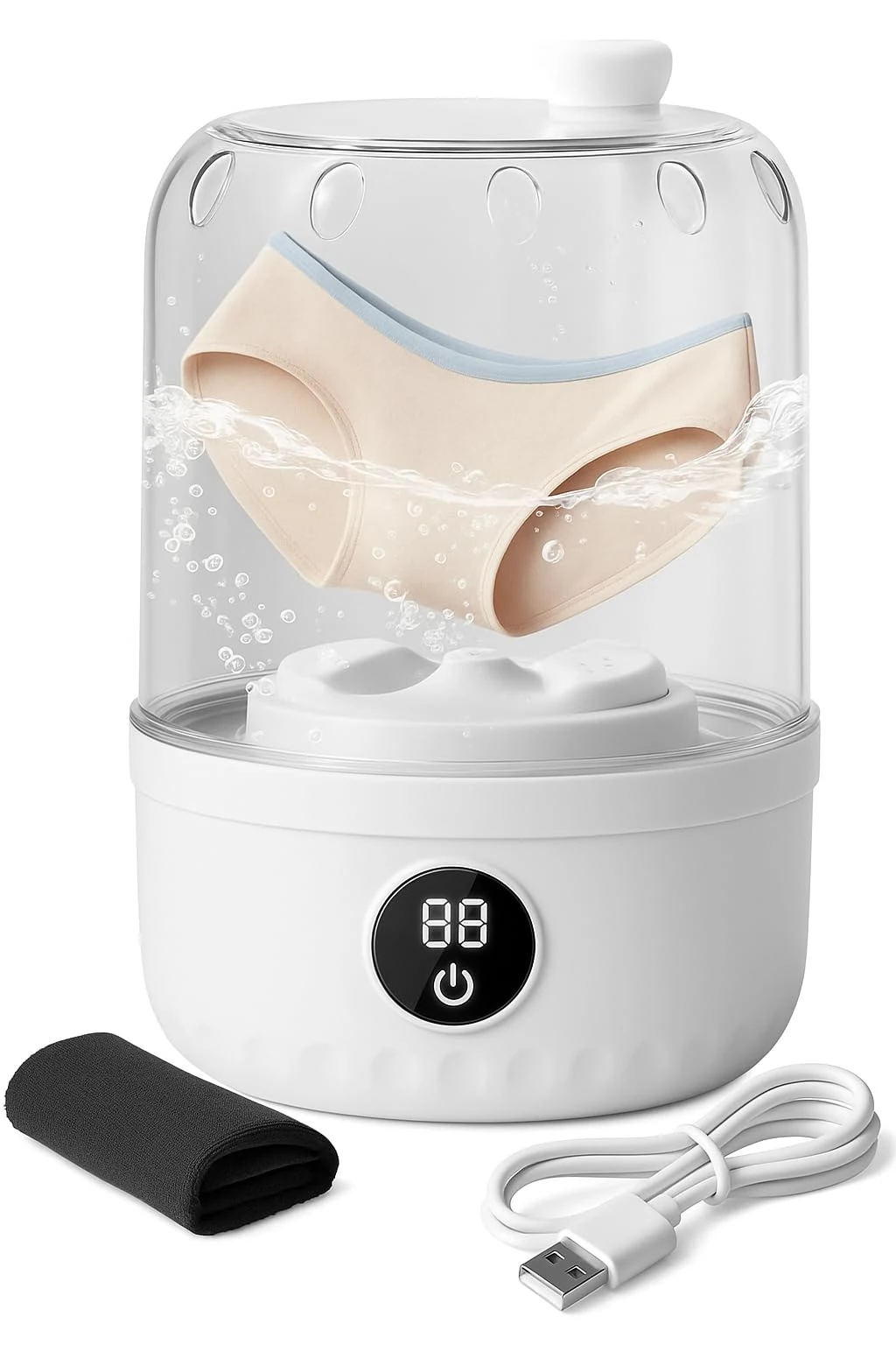 Portable Mini Washing Machine, 1L Capacity, Wireless Rechargeable, Digital LED Display, Waterproof Design, White