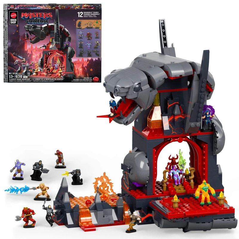 Mattel Brick Shop Masters of the Universe Building Set, Clash at Snake Mountain with 636 Pieces and 12 Figures, Adult Collectors and Ages 13+, JMB31