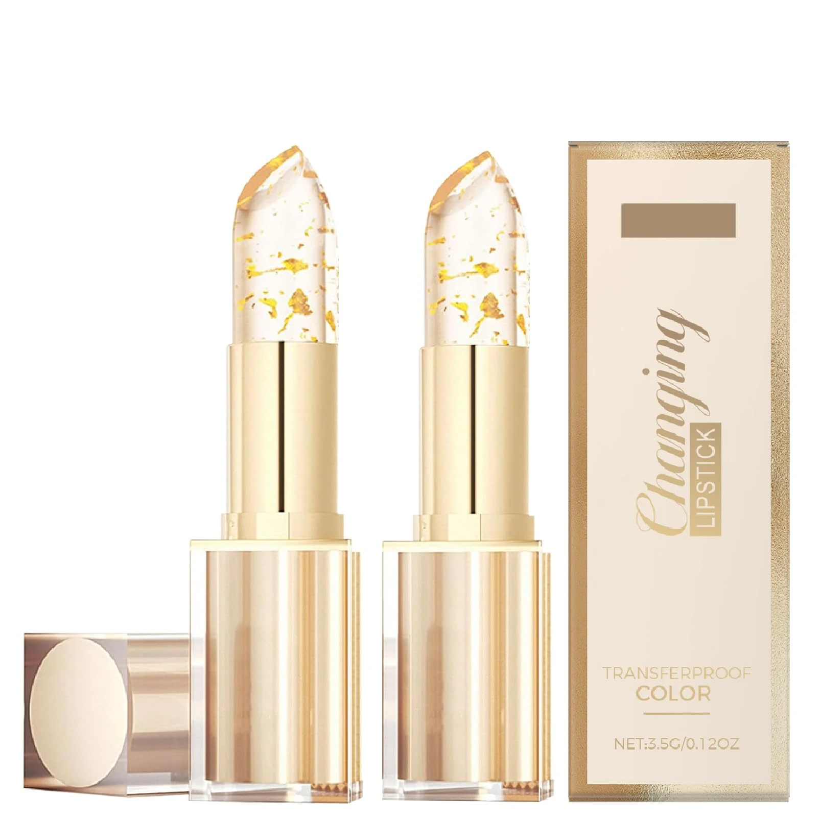 2Pcs Colour Changing Lipstick, PH Adjusting Clear Lip Stick with Gold Foil, Transfer Proof, Long Lasting, Moisturizing Lip Balm, Glossy Shine, 24H Hydrating, Temperature Sensitive Lipsticks for Women