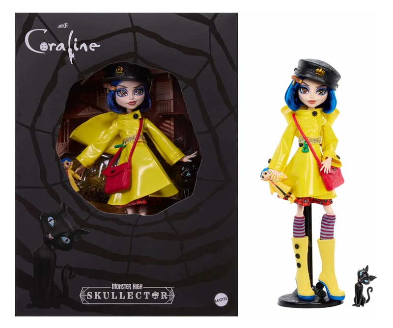 Monster High Skullector Doll, Coraline Collectible in Yellow Raincoat with Dress and Accessories like Rag Doll, Cat Figure, and Doll Stand, JHK65