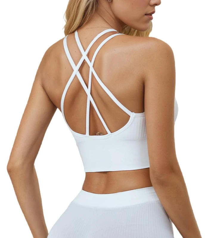 changlizi Longline Sports Bra for Women - Seamless Wirefree No Padded Cross Back Crop Top Comfort Sleep Bra for Gym, Workouts, Running, White-L - Image 1
