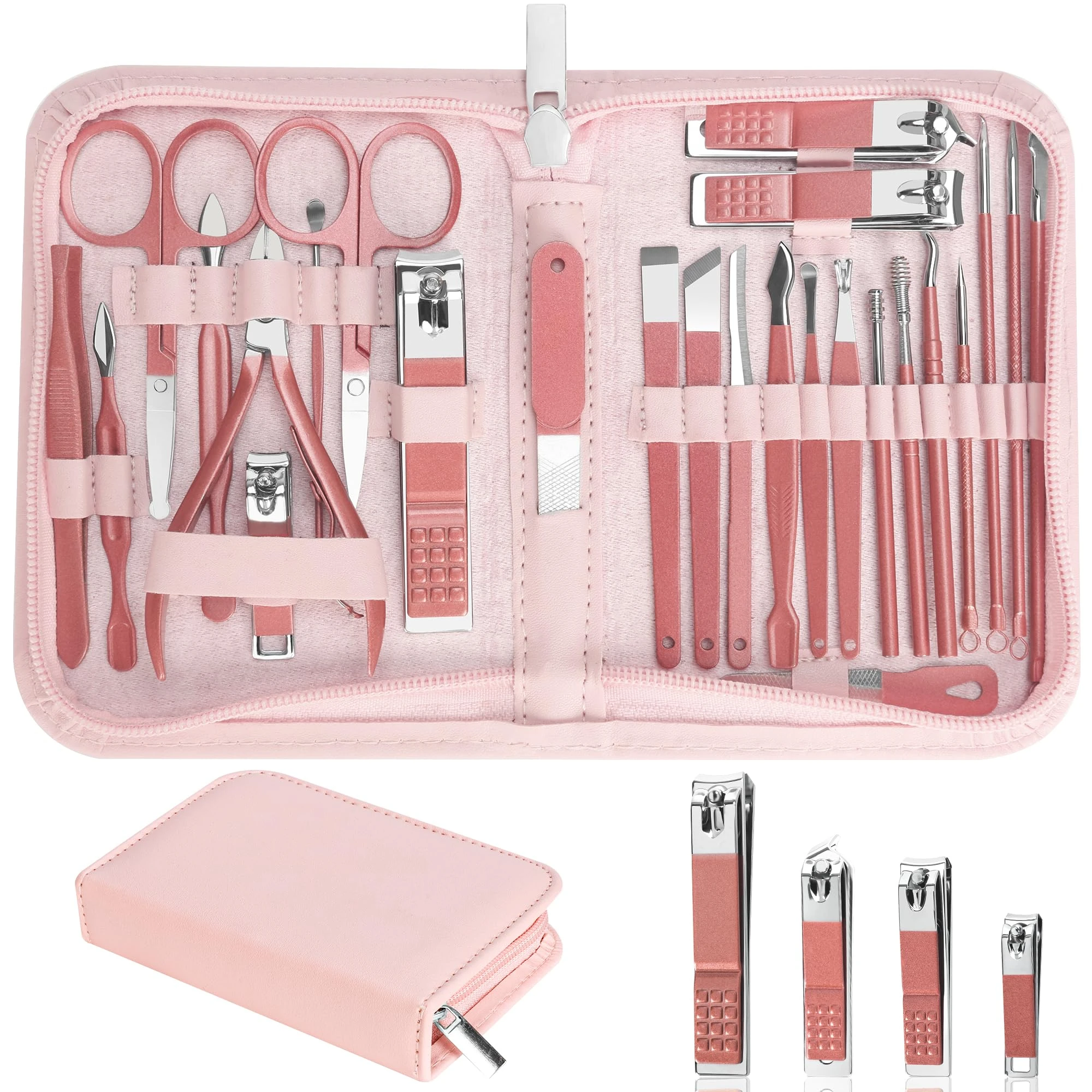 Nail Clippers Set, 26 Piece Manicure Set & Pedicure Kit, Stainless Steel Fingernail & Toenail Clipper Cutters, Professional Nail Care Tools with Luxurious Travel Case for Men and Women, Metallic Pink