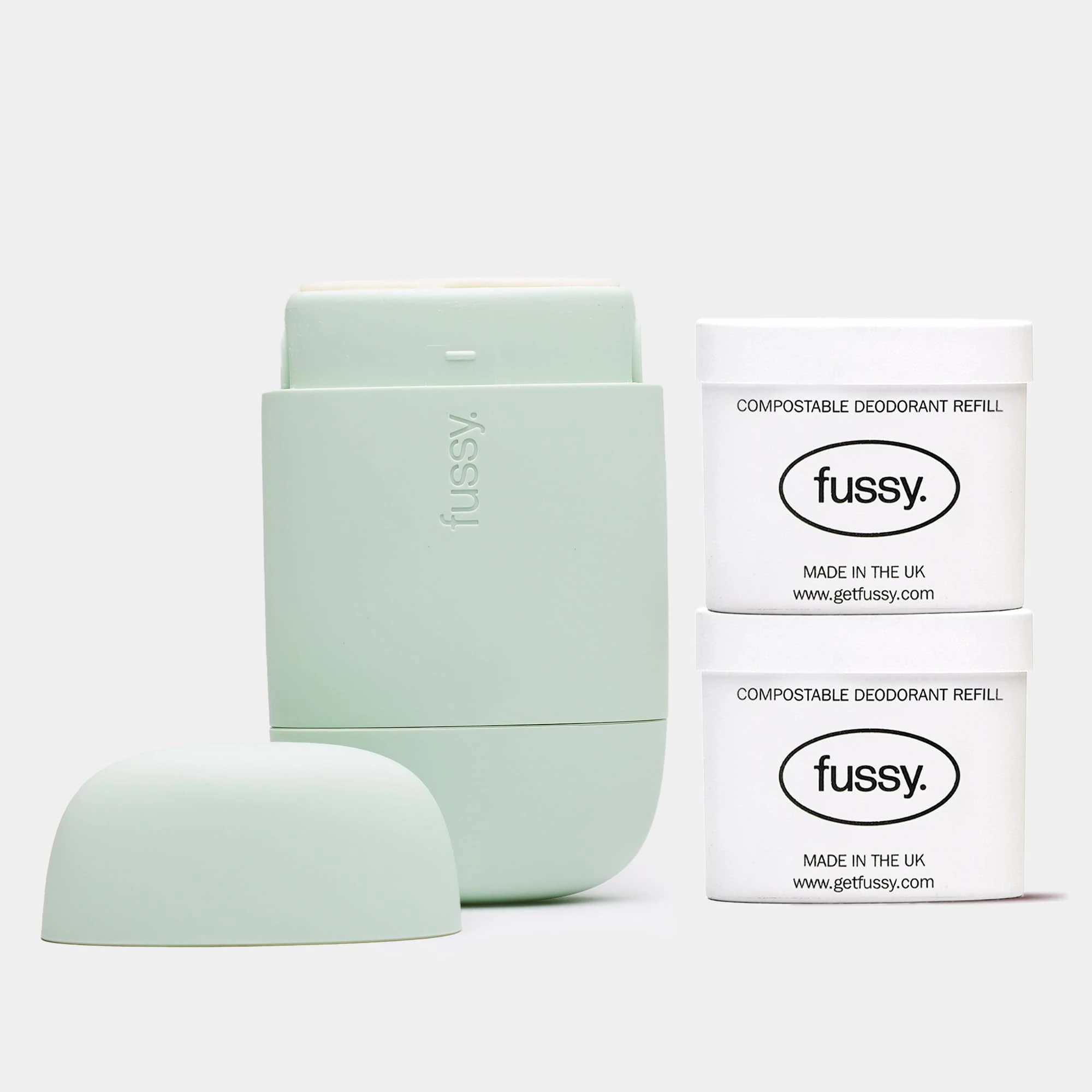 Fussy - Natural Refillable Deodorant - Mint Green Case & Variety Refill Pack (2 x 40g), Tropic Tonic & Wavy Days - Aluminium Free - 24 Hour Protection - Vegan & Cruelty Free - Natural & Effective