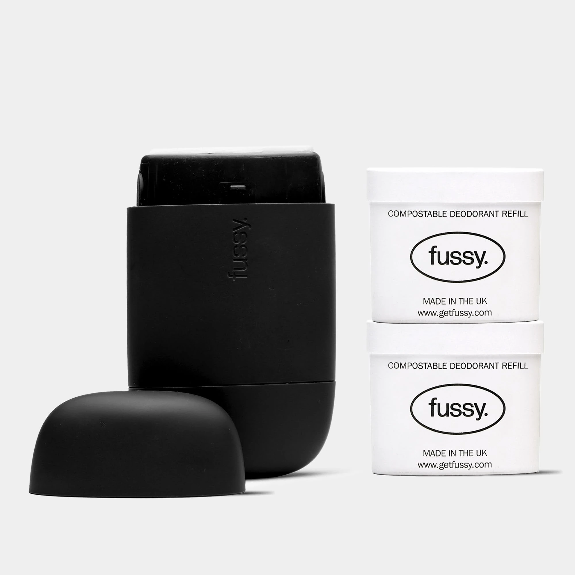 Fussy - Mens Natural Refillable Deodorant - Aluminium Free - 24 Hour Protection - Midnight Black Case & Variety Refill Pack (2 x 40g) - Wide Eyed & Forest Haze - Vegan & Cruelty Free