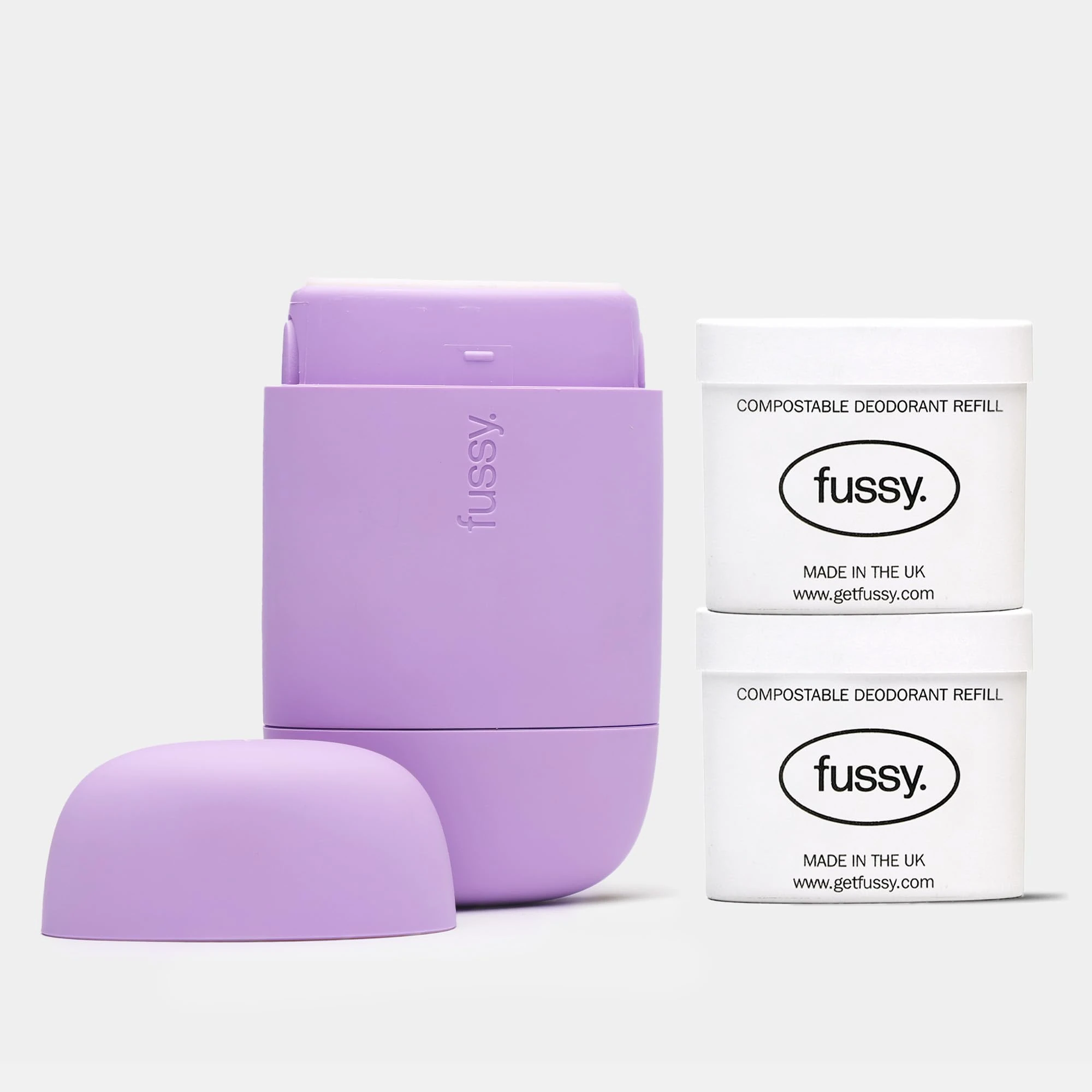 Fussy - Natural Refillable Deodorant - Lilac Case & Variety Refill Pack (2 x 40g) - Night Tales Flora & Wavy Days Mint - Aluminium Free - Vegan & Cruelty Free - Natural & Effective