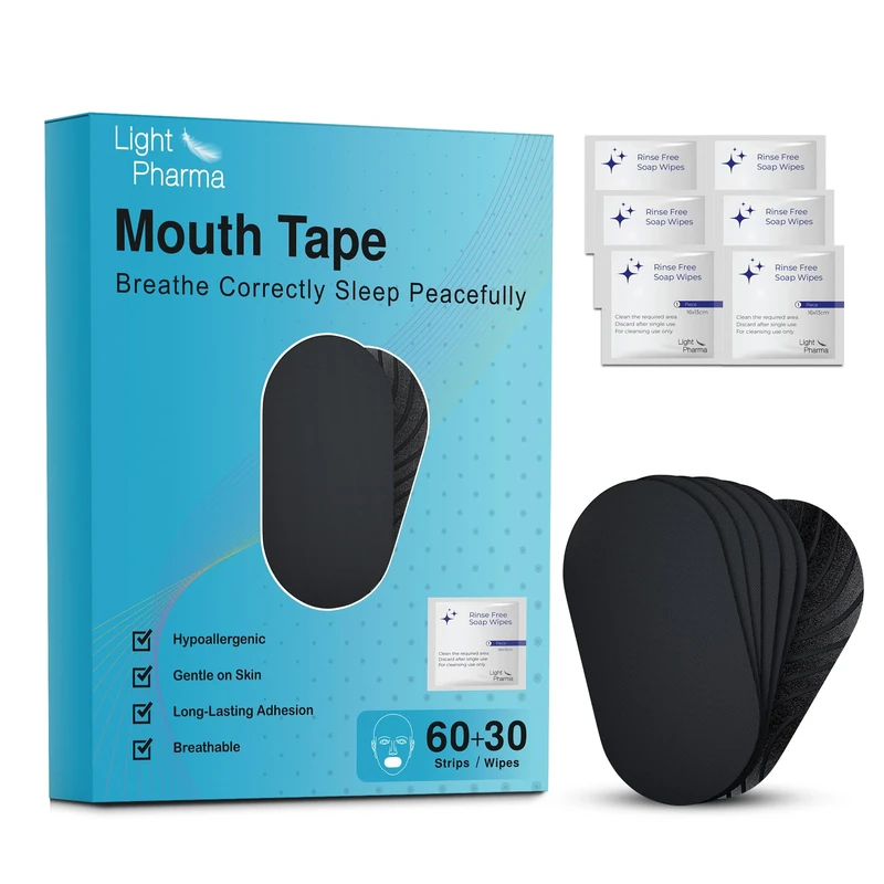 Light Pharma 60 Mouth Tape for Sleeping, Sleep Tape for Snoring Prevention by Improving Nasal Breathing, Mouth Tape for Snoring with Rinse Free Soap Towelettes, Medical Grade | 60 + 30