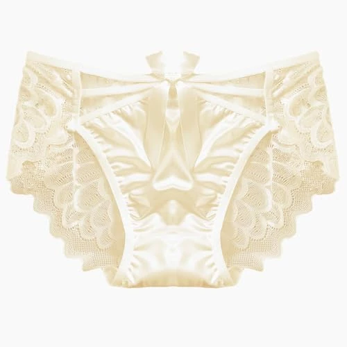 ZooChest Womens Sexy Satin Lace Knickers Low Rise Bow Criss Cross See Through Panties for Women Soft Sheer Yellow Cute Underwear Sissy Clothes Seamless Lingerie Briefs L