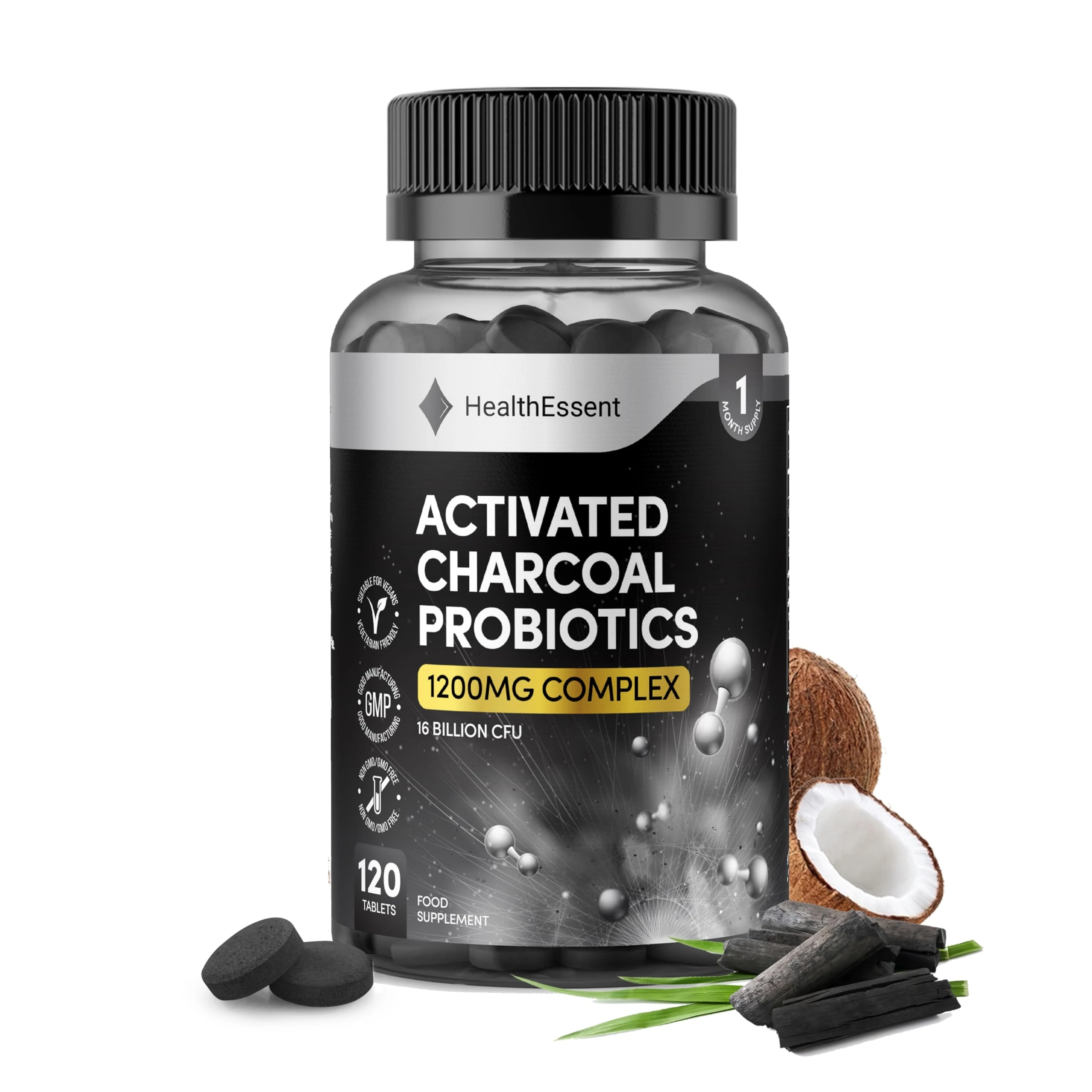 Activated Charcoal with Bio Cultures Complex Probiotics 1200mg, 16 Billion CFU Advanced Digestive Health & Gut Support with Lactobacillus Acidophilus, Detox & Balance – 120 Tablets by HealthEssent