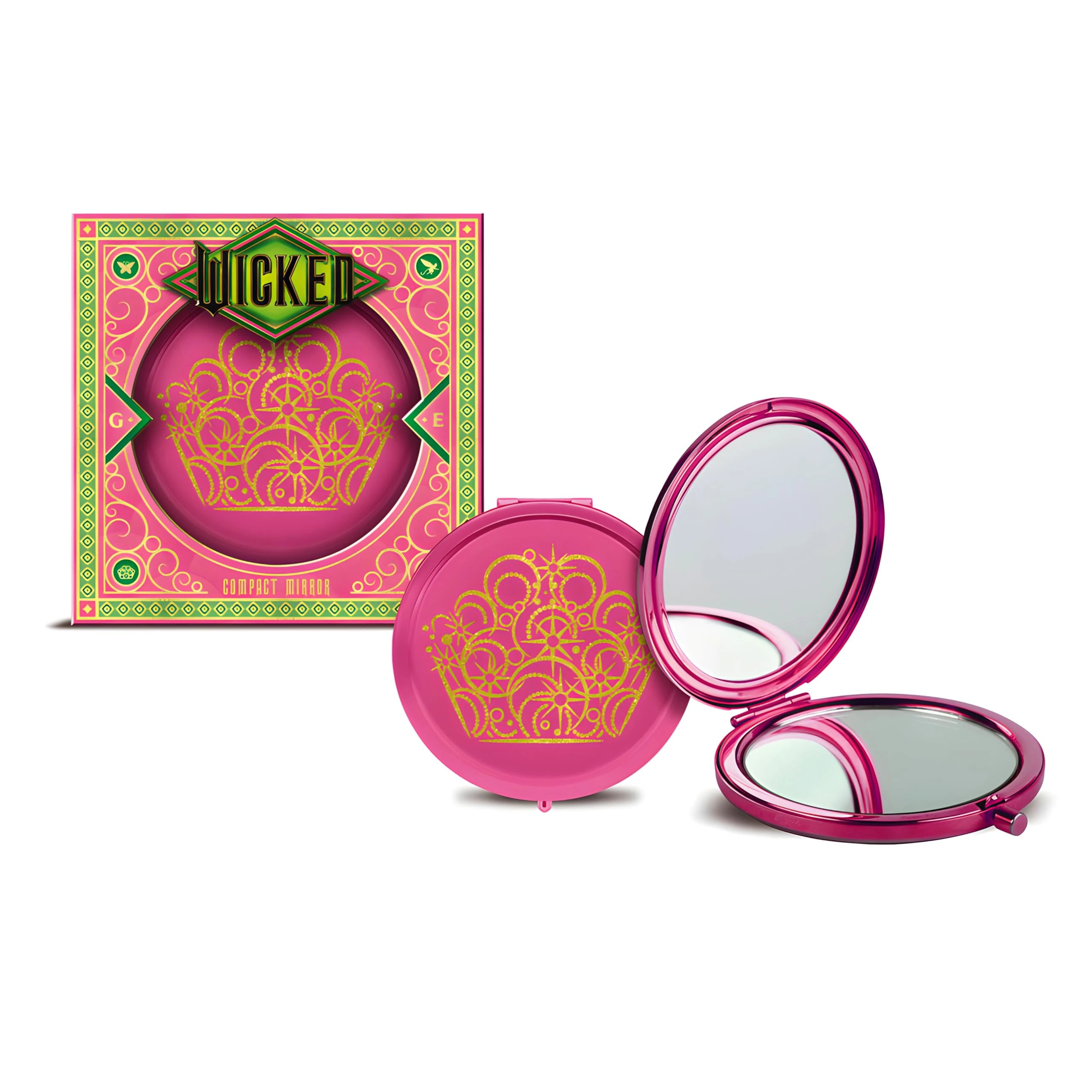 Corsair Toiletries Wicked Compact Mirror - Glinda – Pink Double-Sided Folding Makeup Mirror with Gold Crown Design, Travel-Friendly Purse Accessory