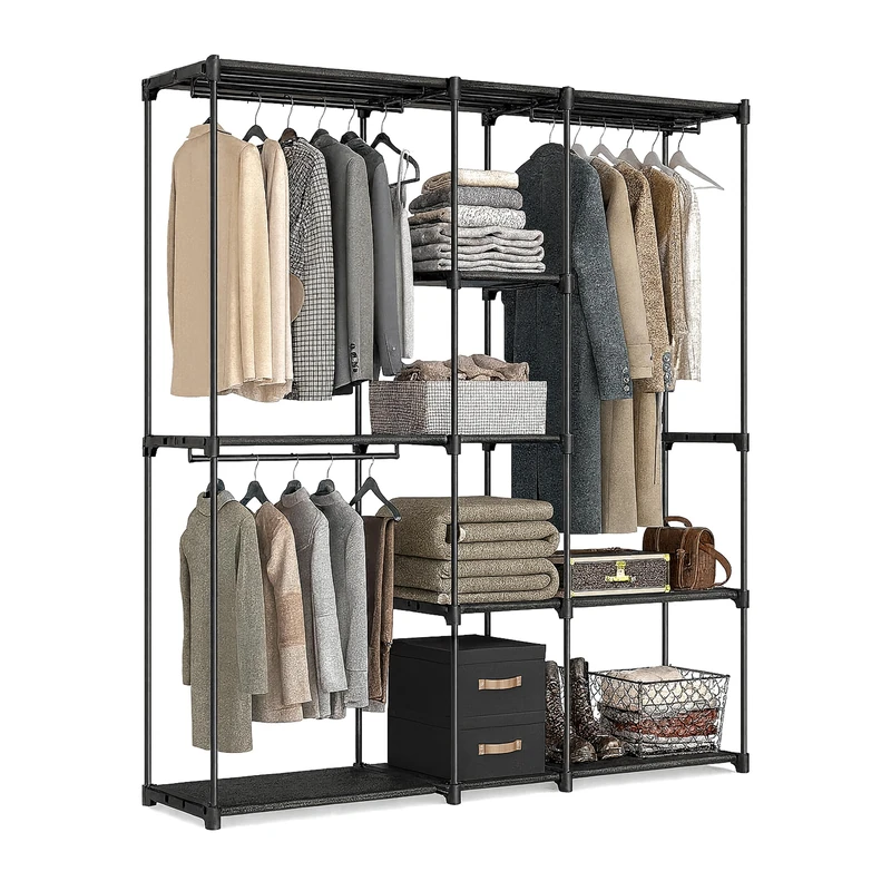 Relaxdays clothing rack, open wardrobe, shelves & rails, clothes stand, flexible system, black