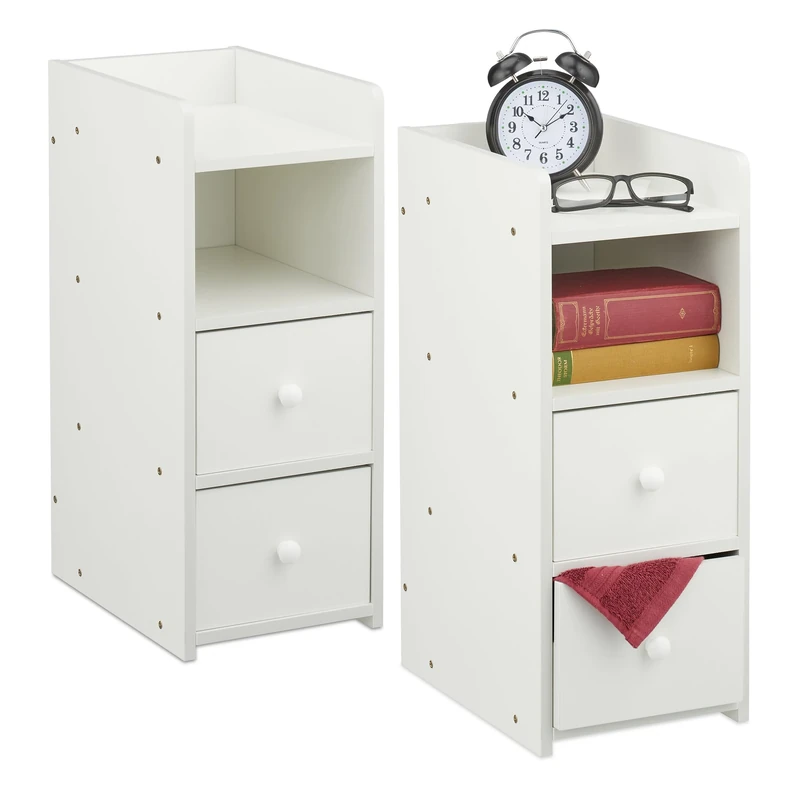 Relaxdays Bedside Table, Set of 2, with 2 Drawers, HWD 55 x 22.5 x 34 cm, Bedroom Nightstand, Next to Bed Storage, White