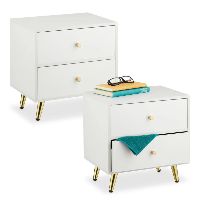 Relaxdays Bedside Table, Set of 2, 2 Drawers, 41.5 x 40 x 32.5 cm, Bedroom Nightstand, Next to Bed Storage, White/Gold