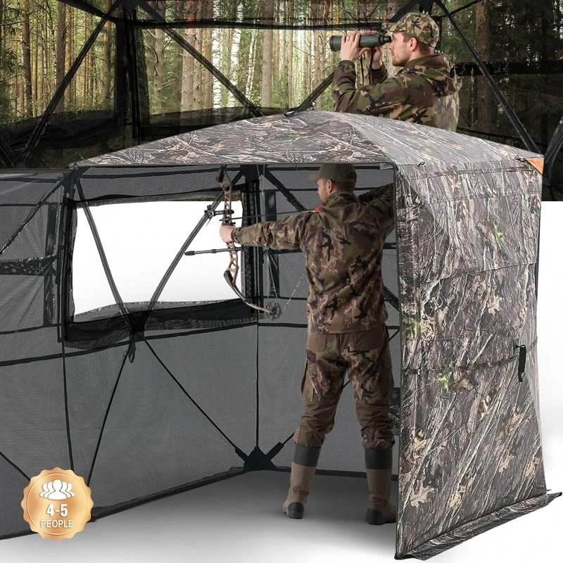 VEVOR Hunting Blind, 4-5 Person See Through Ground Blinds with Carrying Bag, 360 Degree Portable Camouflage Tent, Durable Concealed Shelter with Silent Zipper Door and Window, for Turkey and Deer