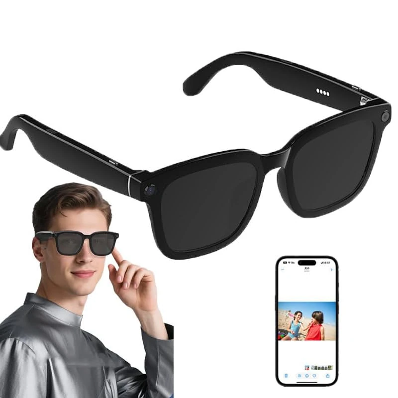 AI Camera Smart Glasses Bluetooth, 500W HD Pixels Camera Hands-Free Recording, Voice Assistant & Object Recognition, Office Assistant with ENC Noise Reduction A