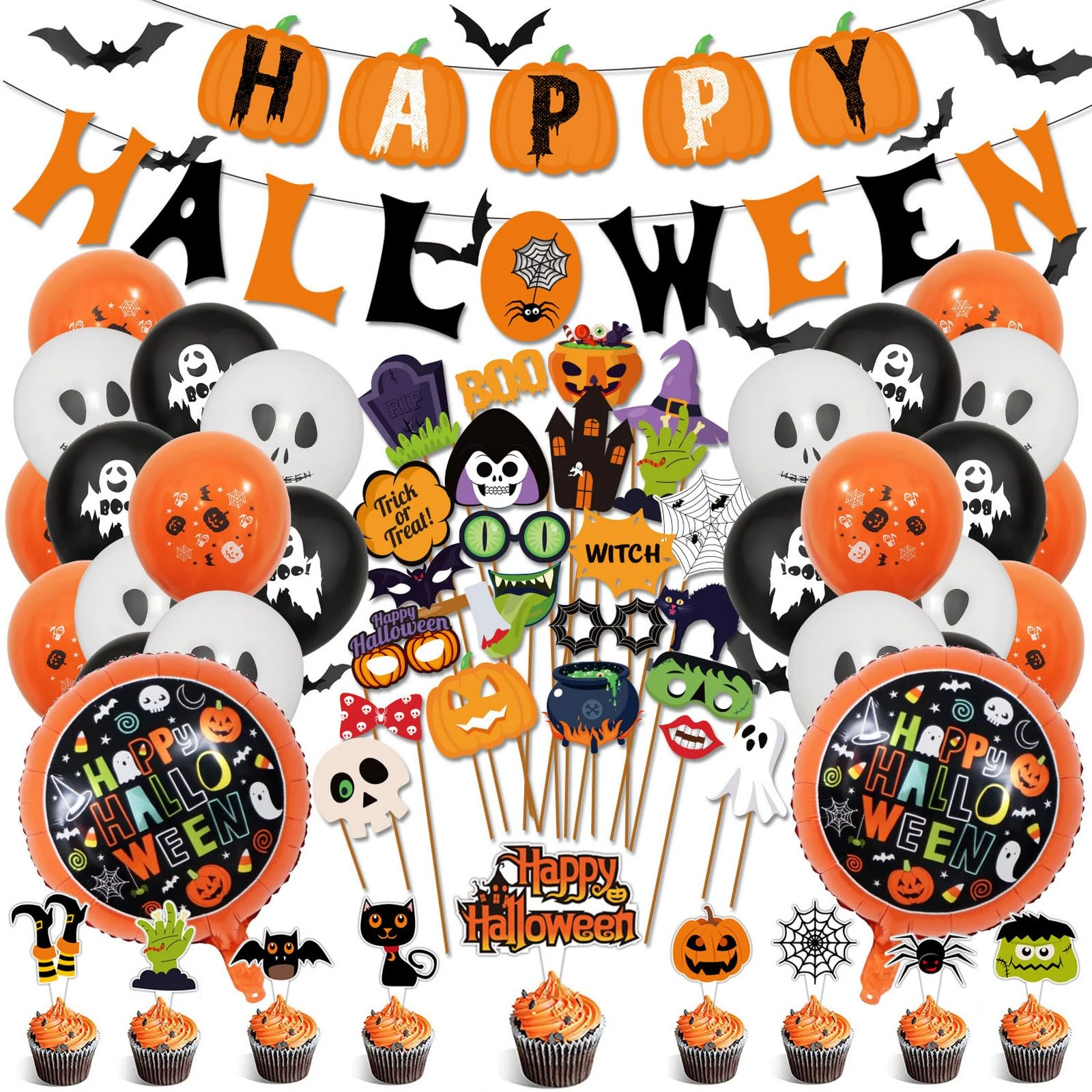 Halloween Decorations Balloon Kit - 72Pcs Spooky Party Decorations with Photo Props, Cupcake Topper & Bat Wall Stickers, Glow in The Dark Garland Arch Supplies for Home, UK Halloween Party Decor