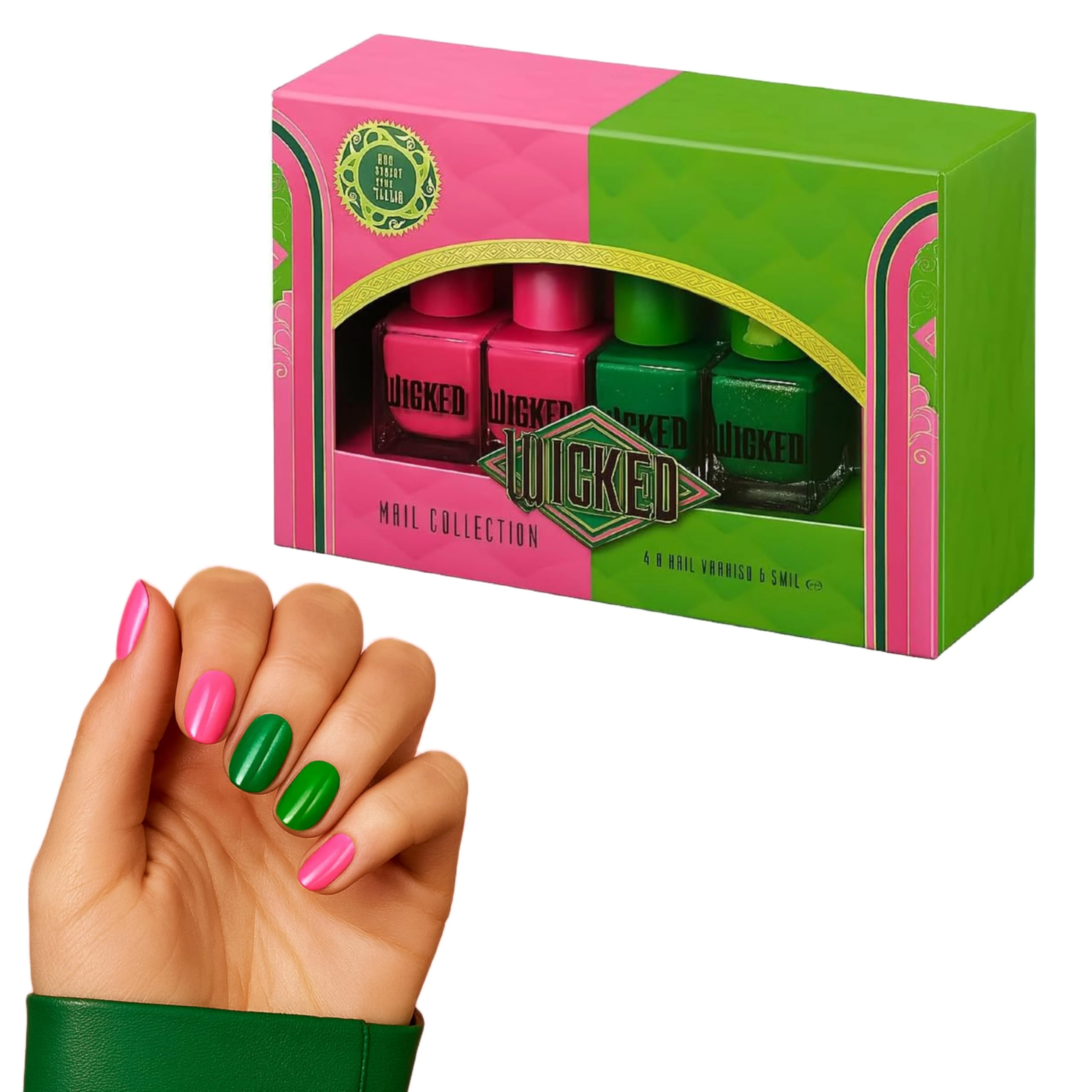 Wicked Nail Polish Collection – 4-Piece Set of Pink & Green Shades | Long-Lasting, High-Gloss Nail Varnish | Gift Set Inspired by Wicked Musical