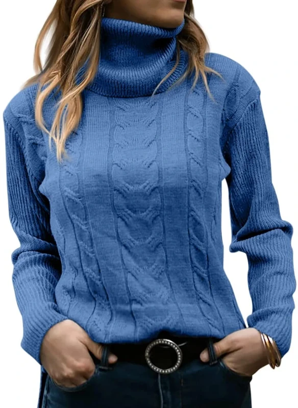 Cicy Bell Womens' Turtleneck Long Sleeve Pullover Cable Knit Sweaters Soft Jumper,Blue,L