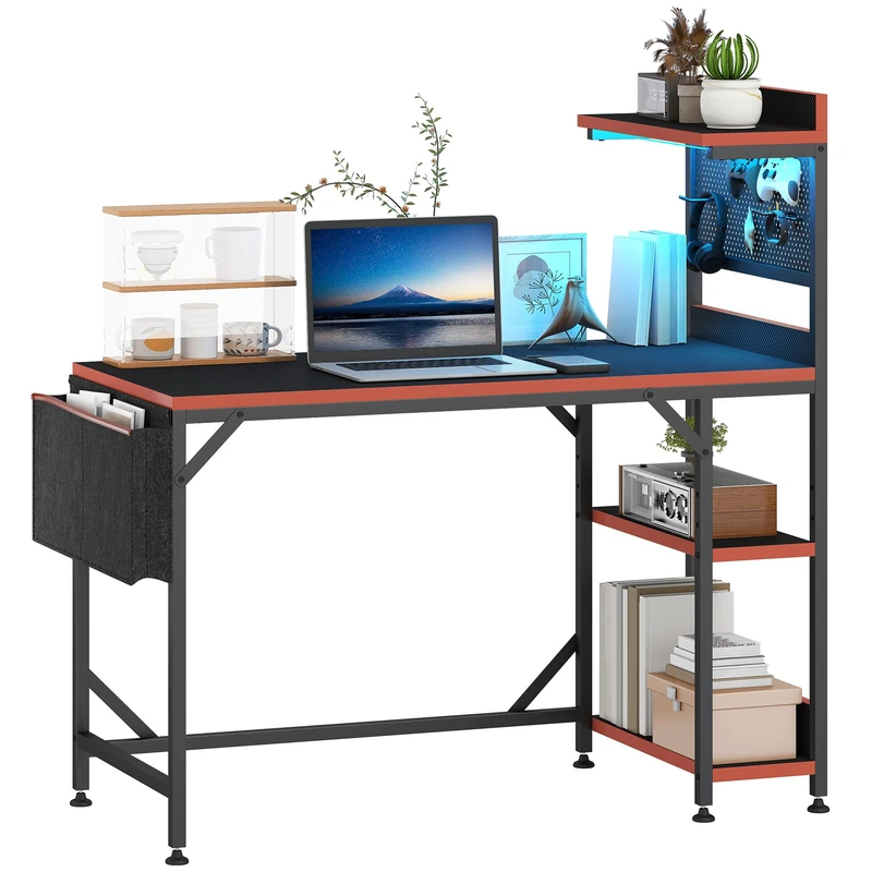 DWVO Gaming Desk with Power Outlet LED Light Reversible 110cm Black