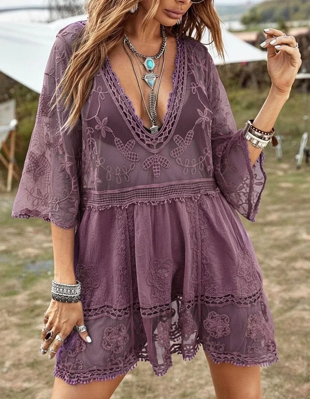 Generic Women's V-Neck Lace Cover Up Swimsuit Dress - Purple, One Size