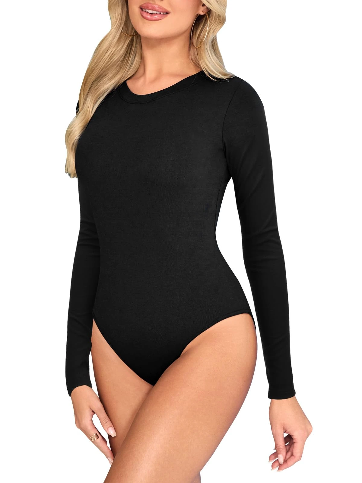 Kefiyis Bodysuit Long Sleeve Bodysuits for Women UK Crew Neck Body Suits Thong Body Suit with Snap Stretch Leotard Tops for Going Out Casual Black L